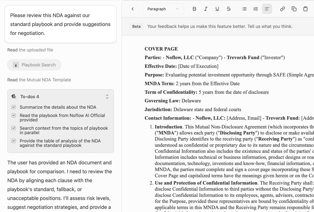 Noflow AI Agent - Multi-step professional planning for custom legal document drafting